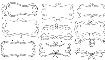 Collection of doodle hand drawn trendy frames with wavy lines, bows and ribbons. Minimalist line art. Modern whimsical borders for wedding invitations, birthday card, lunch menus. Vector,birthday, 