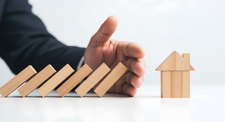 Hand Protecting Wooden House Dominoes From Falling, Risk Prevention Concept