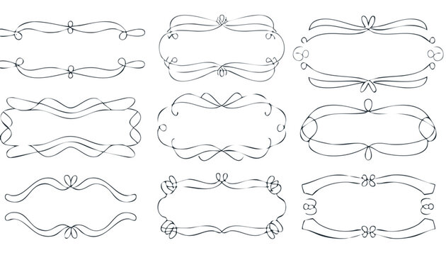 Collection of doodle hand drawn trendy frames with wavy lines, bows and ribbons. Minimalist line art. Modern whimsical borders for wedding invitations, birthday card, lunch menus. Vector,birthday, 
