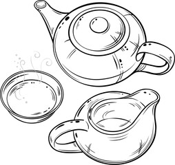 Сup of Tea and Teapot  Isolated Outline Illustration
