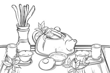Tea Ceremony  isolated Outline Illustration