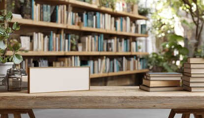 A rustic wooden table displays a blank sign, flanked by stacks of books, against a backdrop of a sunlit library with overflowing bookshelves and lush greenery