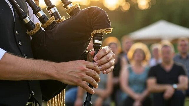 A musician playing bagpipes, with a vibrant audience enjoying the performance.