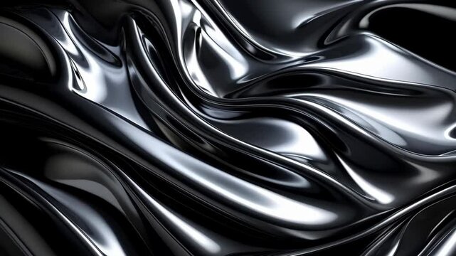 Abstract close-up of flowing dark silver chrome metallic silk satin material with reflective waves and surface texture