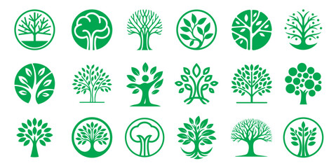 Set of green tree icons in eco style. Vector illustrations perfect for logos, packaging, nature themes, organic products, environmental designs, and sustainable branding..eps