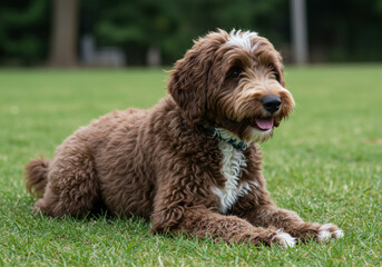 Fototapeta premium Playful dog labradoodle relaxing on green grass park animal photography outdoor side view canine behavior
