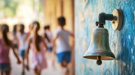Brass school bell on textured blue wall, with a group of children in colorful clothes running in the blurred background, capturing the lively atmosphere of recess or school dismissal.