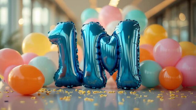 Festive Celebration: 1 Million Milestone with Balloons and Confetti Background