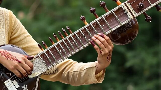 A close-up of a musician playing the sitar outdoors.