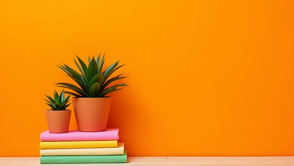 Potted Plants on Books - Orange Wall Background