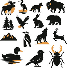 A collection of twelve dual-colored vector silhouettes featuring wildlife and nature elements including deer, trees, birds, and forest landscapes. These modern and minimalistic icons are ideal for nat