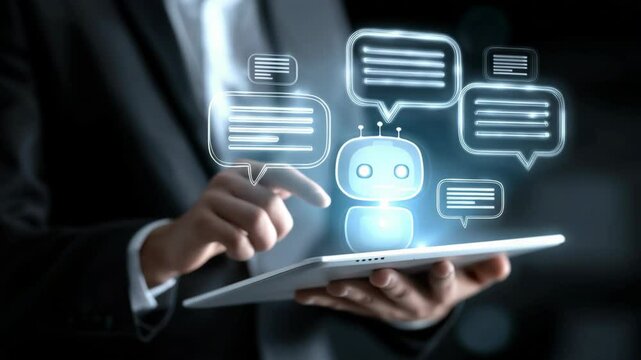 chatbot in business concept, businessman using tablet with Ai chatbot, cute small robot icon on tablet screen