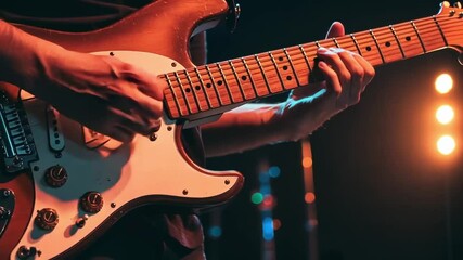 A close-up of hands playing an electric guitar during a vibrant performance. - Powered by Adobe