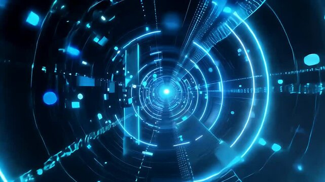 visually stunning animation high speed journey video of neon lit tunnel featuring intricate blue technology inspired lines dynamic camera movement
