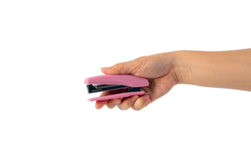 Pink stapler in hand on transparent background