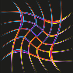 Curved neon lines. Abstract vector pattern. Black background grid. Colorful motion shape.