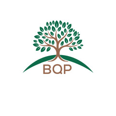 Eco Tree Logo with BQP Text – Green Nature Concept Emblem Design. BQP Letter Logo.
