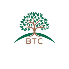 Obraz premium Eco Tree Logo with BTC Text – Green Nature Concept Emblem Design. BTC Letter Logo. 