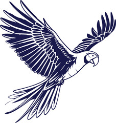 Stylized blue macaw parrot in flight graphic design