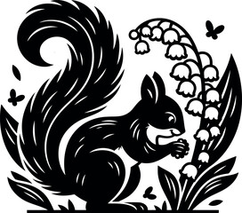 Tiny Squirrel harvesting berries close to fragrant Lily of the Valley blossoms in nature

