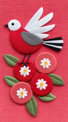 Fototapeta premium Red Bird and Flowers Applique on Red Fabric