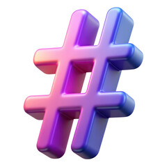 Hashtag symbol 3D icon in vibrant neon holographic style. Isolated plastic 3D icon.