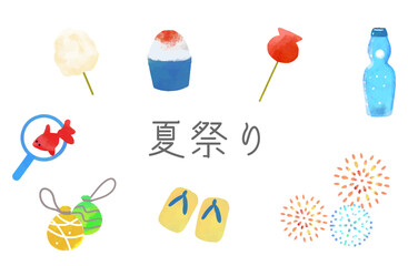 夏祭りのイラストセット｜水彩風の屋台アイテム・風物詩・花火など