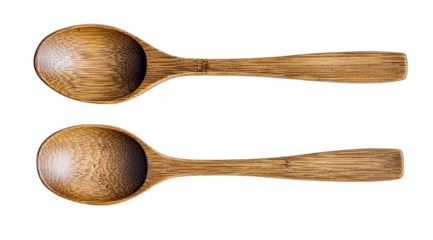 Two identical, dark-brown wooden spoons are shown, one above the other, against a black background.  Each spoon features a rounded bowl and a rectangular handle