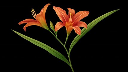Naklejka premium Stunning Daylily Flowers with Long Slender Leaves Isolated on Black