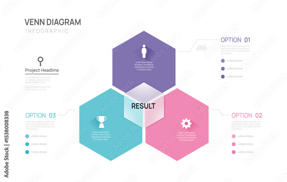 Wall mural venn diagram infographic chart template for business 3 steps presentation with glassmorphism button 