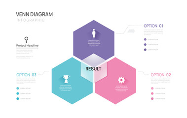 Venn diagram infographic chart template for business 3 steps presentation with Glassmorphism Button and icon elements vector illustration.