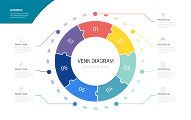 Venn diagram infographic circle jigsaw arrow chart template for business start up presentation with venn diagram elements vector illustration.
