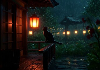 Traditional Japanese House with Red Lanterns and Cat