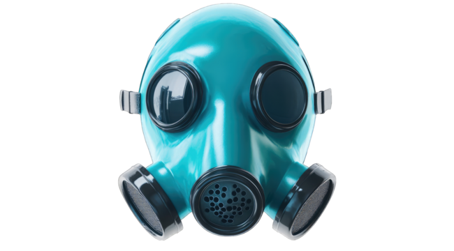A teal gas mask, front view, digitally rendered, displays a glossy finish and detailed components.  The mask features dark circular eye pieces and a filter with numerous small holes