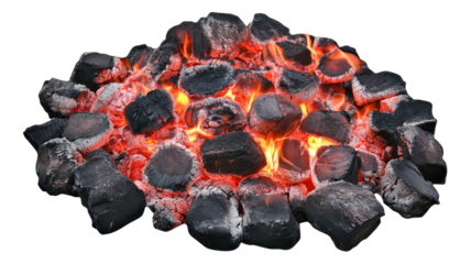 Glowing Charcoal Embers and Black Rocks Creating Heat and Light in Dark Background