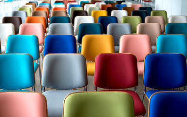 Fototapeta premium Colorful chairs arranged in rows for a conference