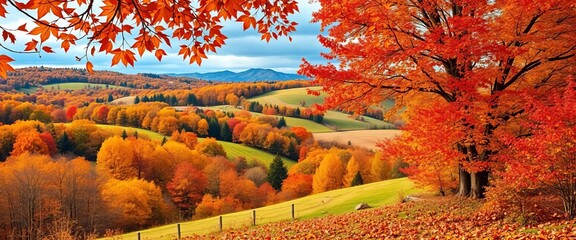 Vibrant autumn countryside scene with colorful trees, rolling hills, and falling leaves,  vista,  foliage