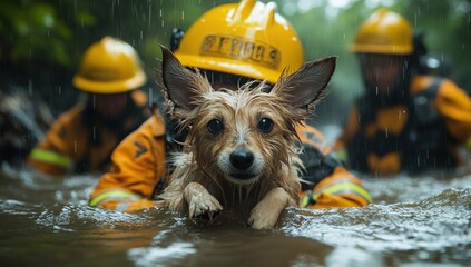 Dog rescued by firefighters in flood