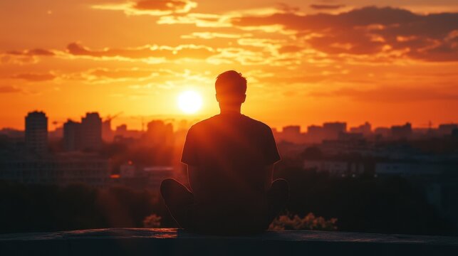 A serene silhouette of an individual meditating at sunset, overlooking an urban skyline. The warm colors of the sky create a tranquil atmosphere, fostering a sense of peace and reflection.