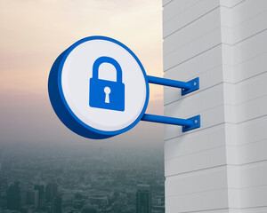 Padlock icon on hanging blue rounded signboard over city tower and skyscraper at sunset sky, vintage style, Technology internet security and safety online concept, 3D rendering
