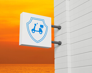 Motorcycle with shield icon on hanging white square signboard over sunset sky and sea, Business motorcycle insurance concept, 3D rendering