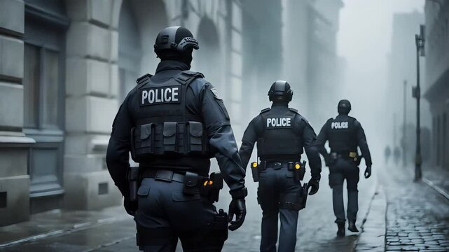 Police officers in tactical gear walking through foggy urban street during patrol mission in cold weather with serious focused presence

