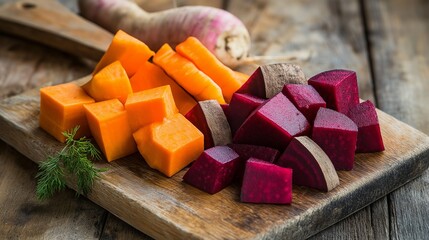 Macro close-up of colorful chopped root vegetables including sweet potato, carrot, beetroot, and parsnip on a rustic board, showing vivid textures and colors, 100% photo-realistic