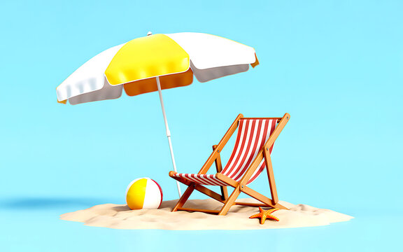 Beach relaxation scene with umbrella and deck chair