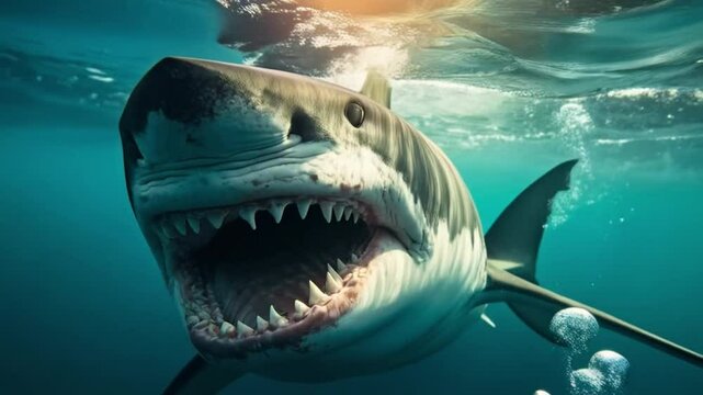 Close up view of a great white shark swimming underwater with its mouth open showing sharp teeth video