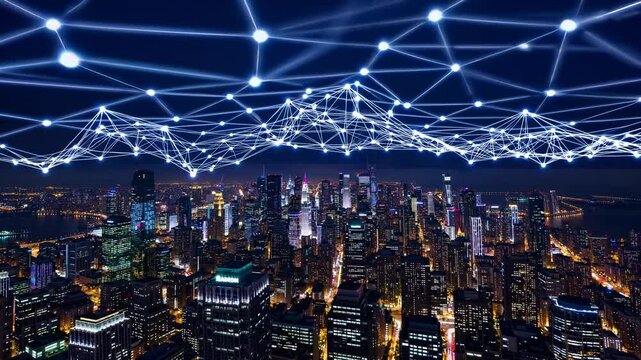 Digital network lines connect smart city. Lights illuminate urban skyline. Technology ai boost data across smart infrastructure. City network structure enables digital growth. Future city lights ai.