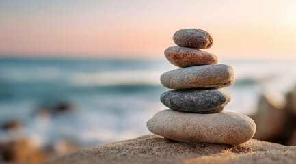 A stack of five smooth, grey and beige stones rests on a sandy beach at sunset, with a blurred ocean backdrop