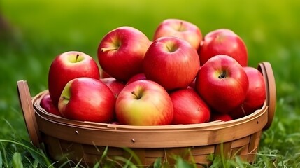 Freshly picked red apples in a wooden basket, solid grass green background.