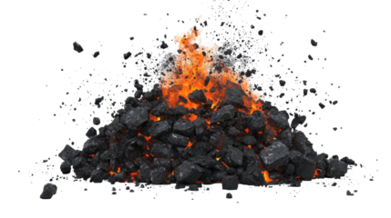 Volcanic Eruption with Fiery Lava and Dark Ash Pile Spewing Smoke Against Transparent Background