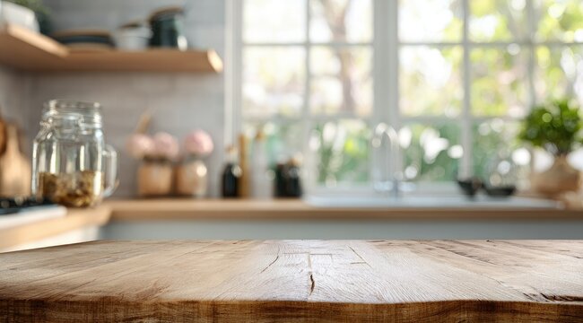 A blurred kitchen background features a rustic wooden table in the foreground, ideal for product placement.  Sunlight streams through a large window